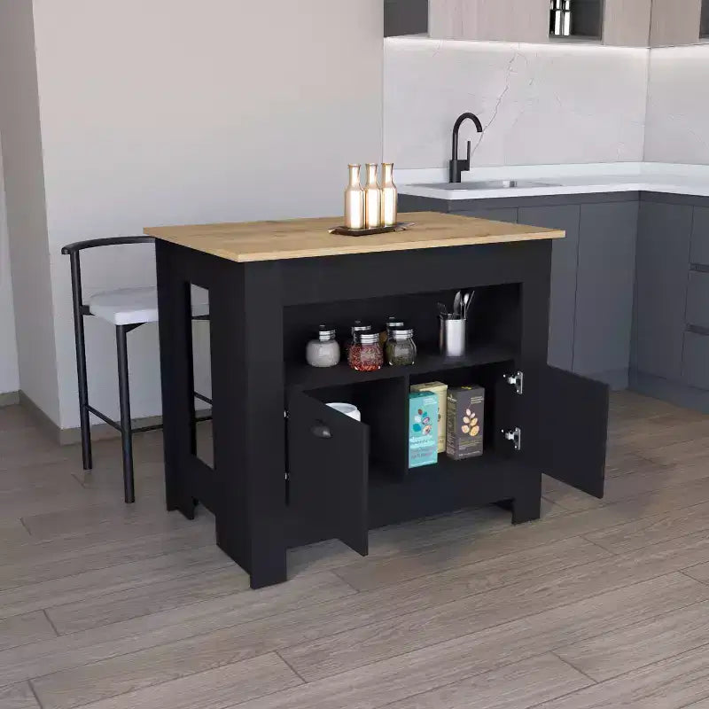 Îlot de cuisine minimaliste avec grand espace de rangement, table îlot de cuisine avec 2 portes et 3 étagères, organiseur de comptoir pour salle à manger