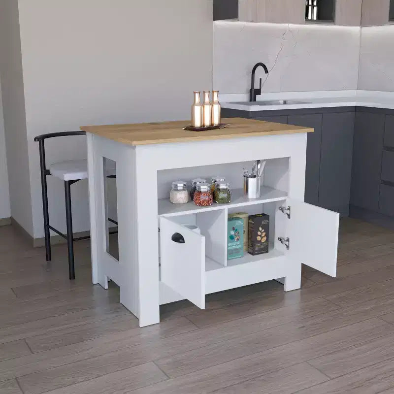 Îlot de cuisine minimaliste avec grand espace de rangement, table îlot de cuisine avec 2 portes et 3 étagères, organiseur de comptoir pour salle à manger
