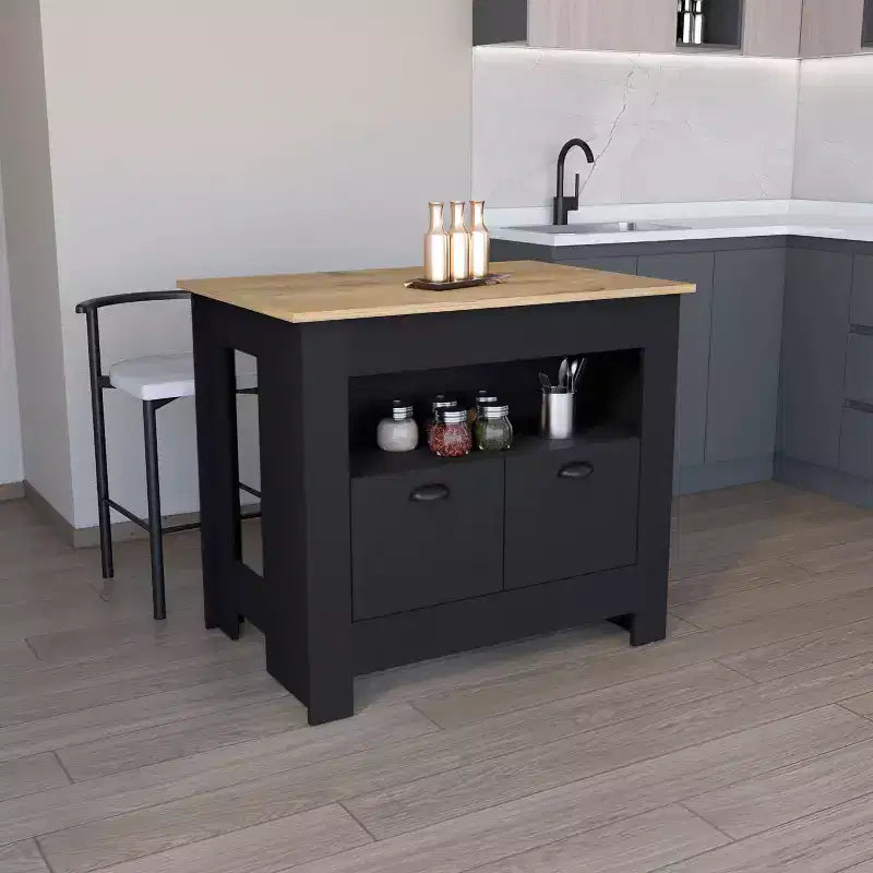 Îlot de cuisine minimaliste avec grand espace de rangement, table îlot de cuisine avec 2 portes et 3 étagères, organiseur de comptoir pour salle à manger
