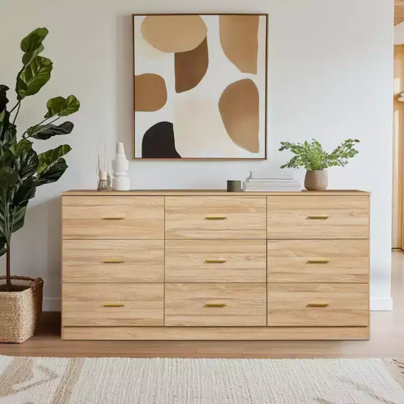 Commode de chambre en bois massif moderne à 9 tiroirs – Grand espace de rangement, grands tiroirs, robuste et sécurisée, convient au salon et à la chambre.