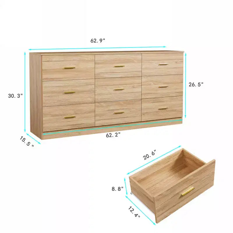 Commode de chambre en bois massif moderne à 9 tiroirs – Grand espace de rangement, grands tiroirs, robuste et sécurisée, convient au salon et à la chambre.