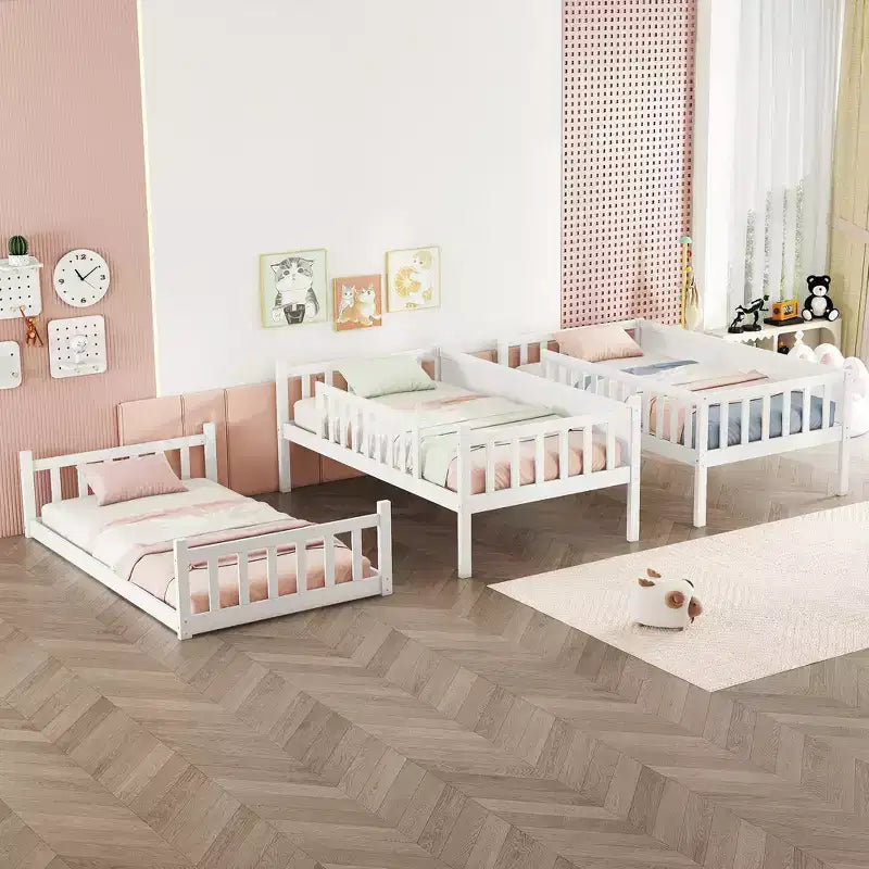 Lit superposé triple en bois d'hévéa, taille double, avec échelles, barrières de sécurité, lit superposé détachable pour chambre à coucher, blanc