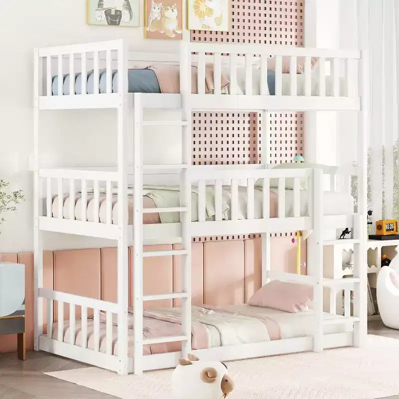 Lit superposé triple en bois d'hévéa, taille double, avec échelles, barrières de sécurité, lit superposé détachable pour chambre à coucher, blanc