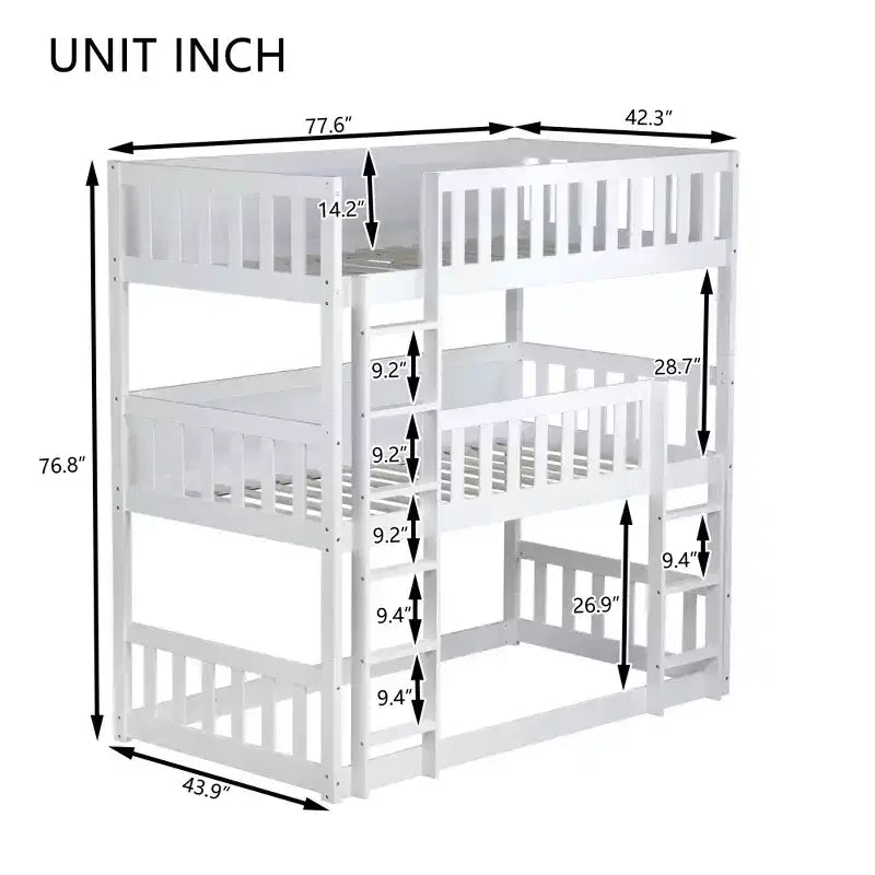 Lit superposé triple en bois d'hévéa, taille double, avec échelles, barrières de sécurité, lit superposé détachable pour chambre à coucher, blanc