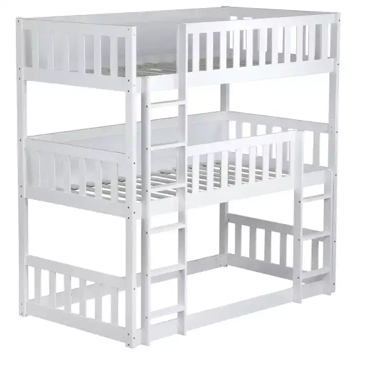 Lit superposé triple en bois d'hévéa, taille double, avec échelles, barrières de sécurité, lit superposé détachable pour chambre à coucher, blanc