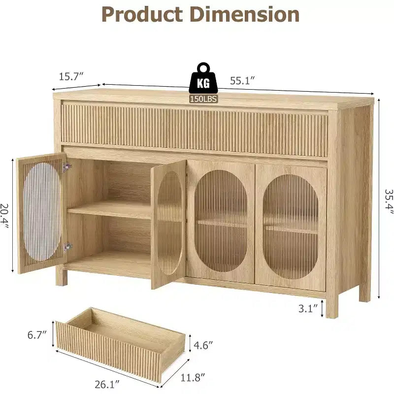 Bahut-buffet large 55 po avec rangement et 2 façades de tiroirs cannelées, couleur naturelle