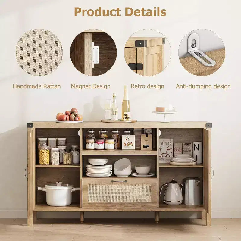 Buffet de 59 po avec rangement, armoire de cuisine de style campagnard avec étagères réglables