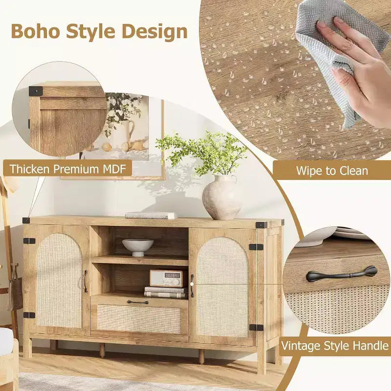 Buffet de 59 po avec rangement, armoire de cuisine de style campagnard avec étagères réglables
