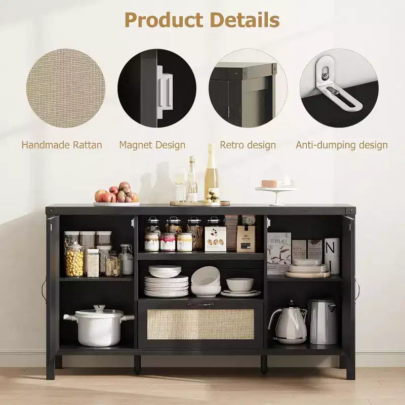 Buffet de 59 po avec rangement, armoire de cuisine de style campagnard avec étagères réglables