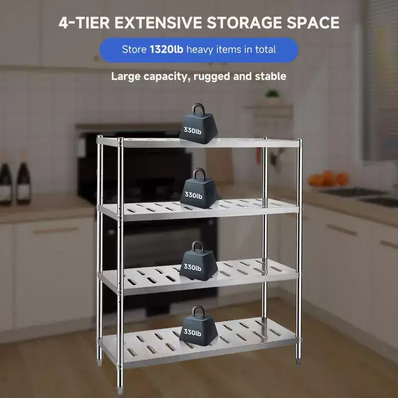 Étagère réglable à 4 niveaux en acier inoxydable, étagères robustes avec roulettes, résistante à la corrosion, polyvalente pour le rangement