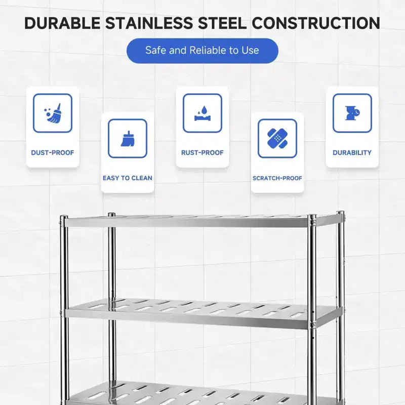 Étagère réglable à 4 niveaux en acier inoxydable, étagères robustes avec roulettes, résistante à la corrosion, polyvalente pour le rangement