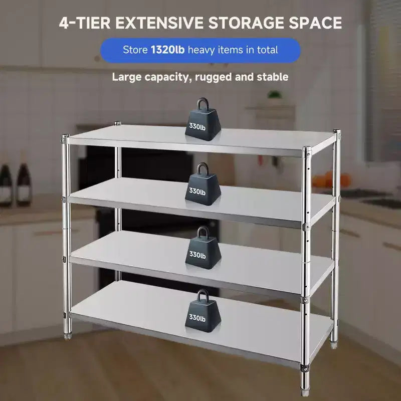 Étagère réglable à 4 niveaux en acier inoxydable, étagères robustes avec roulettes, résistante à la corrosion, polyvalente pour le rangement