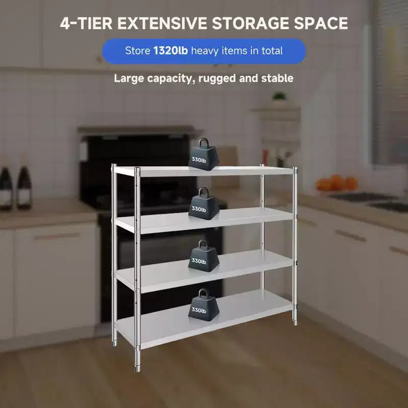 Étagère réglable à 4 niveaux en acier inoxydable, étagères robustes avec roulettes, résistante à la corrosion, polyvalente pour le rangement