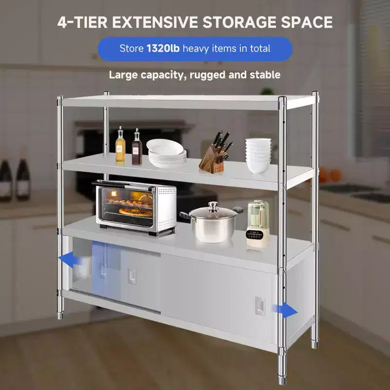 Étagère réglable à 4 niveaux en acier inoxydable, étagères robustes avec roulettes, résistante à la corrosion, polyvalente pour le rangement