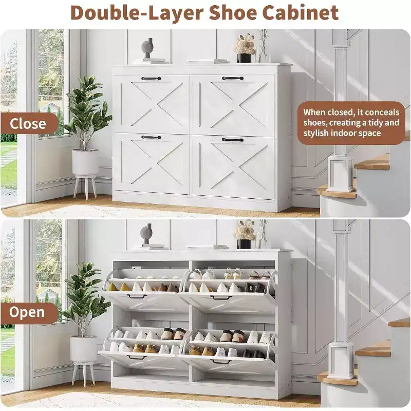 Meuble à chaussures avec 4 tiroirs basculants, armoire à chaussures étroite, organisateur de rangement en bois autoportant, rangement mince dissimulé pour entrée, couloir