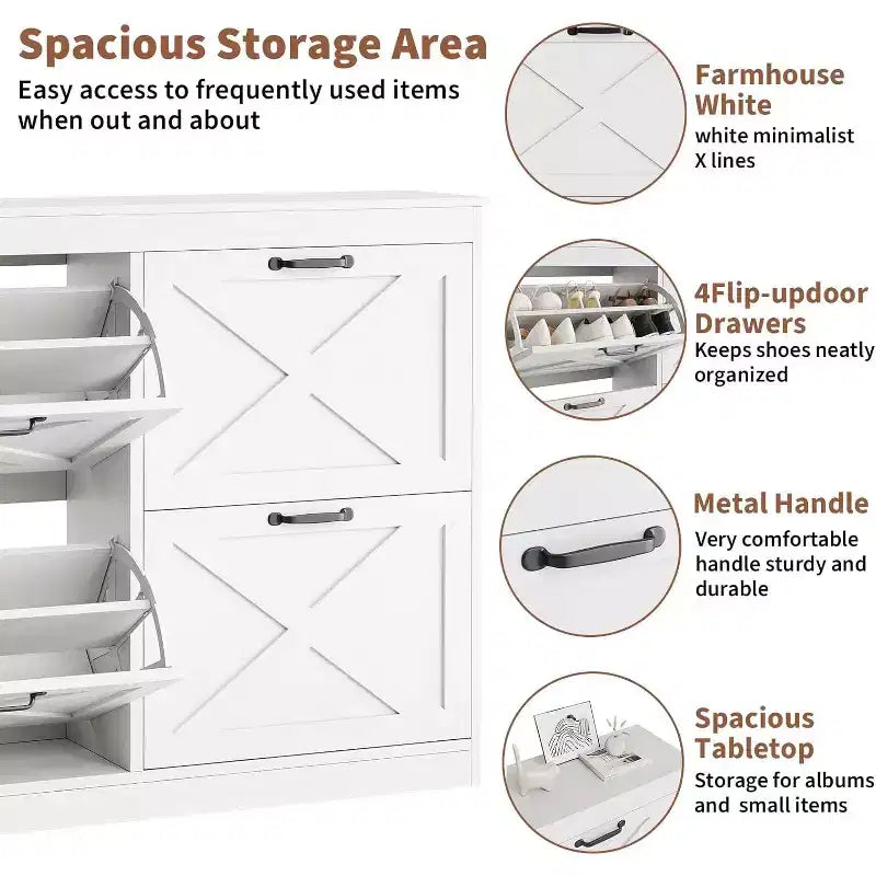 Meuble à chaussures avec 4 tiroirs basculants, armoire à chaussures étroite, organisateur de rangement en bois autoportant, rangement mince dissimulé pour entrée, couloir