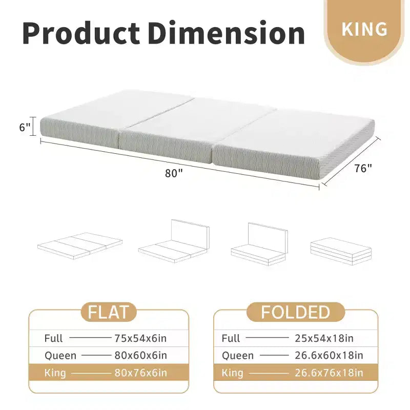 Matelas pliant 6 pouces en mousse à mémoire de forme, matelas pliant à trois volets, soutien ferme, facile à plier avec sac de rangement, lit d'appoint portable, camping, voyage, animaux de compagnie