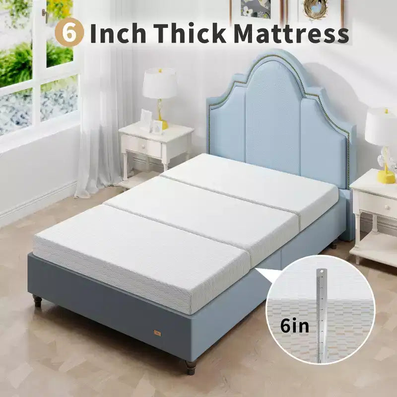 Matelas pliant 6 pouces en mousse à mémoire de forme, matelas pliant à trois volets, soutien ferme, facile à plier avec sac de rangement, lit d'appoint portable, camping, voyage, animaux de compagnie