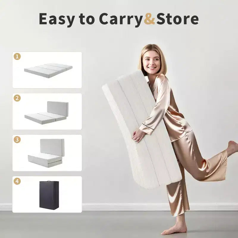 Matelas pliant 6 pouces en mousse à mémoire de forme, matelas pliant à trois volets, soutien ferme, facile à plier avec sac de rangement, lit d'appoint portable, camping, voyage, animaux de compagnie