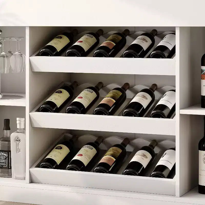 Meuble de Bar/Cave à Vin Blanc Multi-Niveaux : Plateau en Verre Ondulé, Conception Étagerée Grand Rangement Vins & Spiritueux, Éclairage d'Ambiance