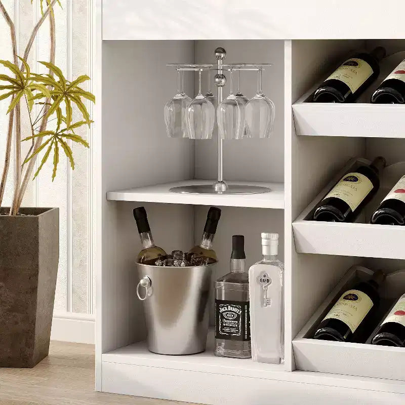 Meuble de Bar/Cave à Vin Blanc Multi-Niveaux : Plateau en Verre Ondulé, Conception Étagerée Grand Rangement Vins & Spiritueux, Éclairage d'Ambiance