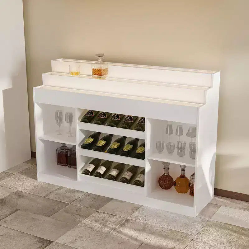 Meuble de Bar/Cave à Vin Blanc Multi-Niveaux : Plateau en Verre Ondulé, Conception Étagerée Grand Rangement Vins & Spiritueux, Éclairage d'Ambiance