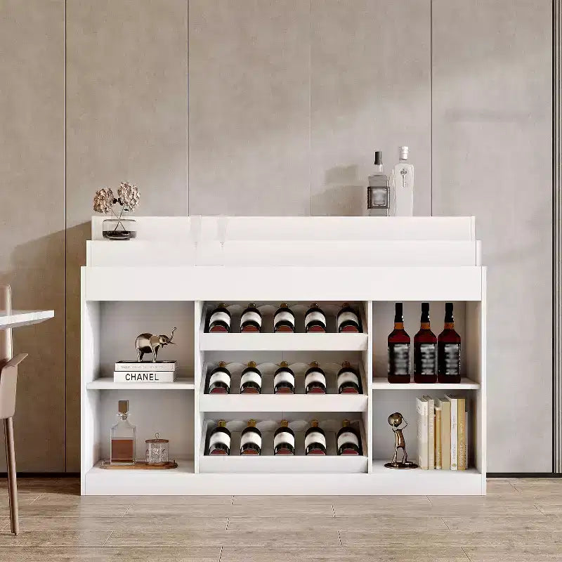 Meuble de Bar/Cave à Vin Blanc Multi-Niveaux : Plateau en Verre Ondulé, Conception Étagerée Grand Rangement Vins & Spiritueux, Éclairage d'Ambiance