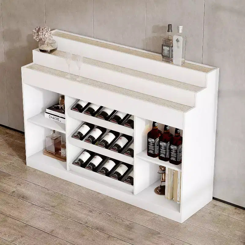 Meuble de Bar/Cave à Vin Blanc Multi-Niveaux : Plateau en Verre Ondulé, Conception Étagerée Grand Rangement Vins & Spiritueux, Éclairage d'Ambiance