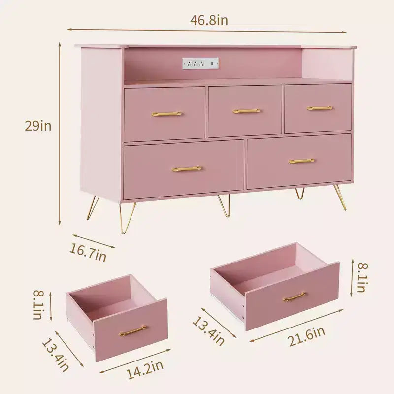 Commode à cinq tiroirs, 119 cm de large, avec station de charge, armoire de rangement autoportante, convient pour les armoires, les couloirs, les entrées