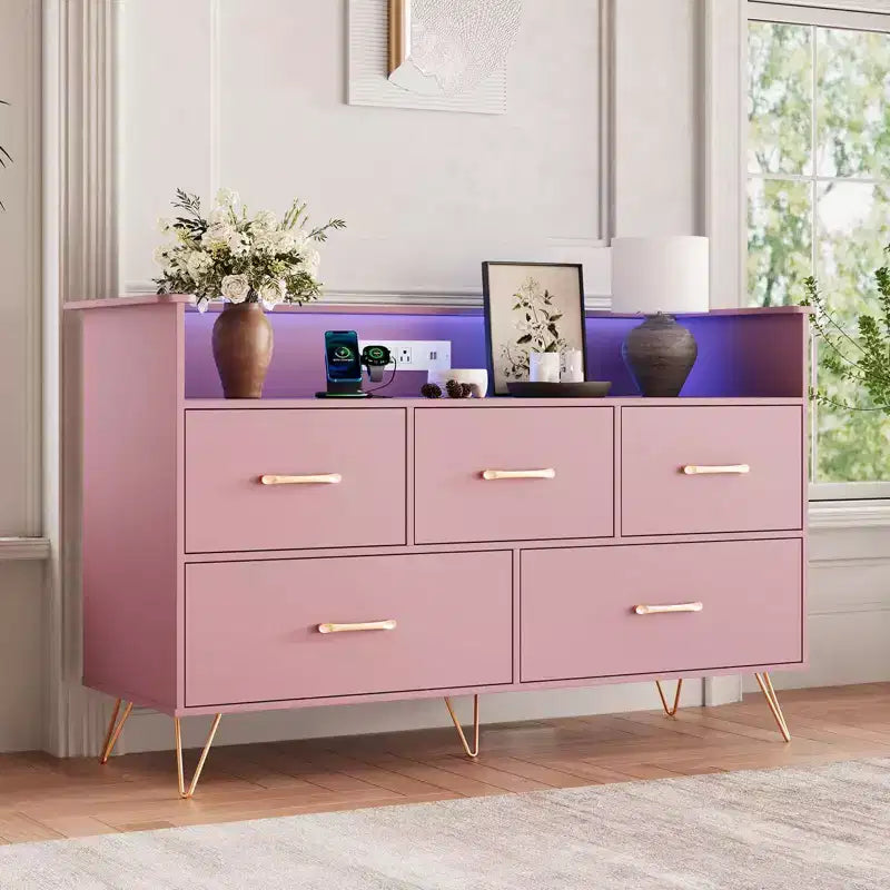 Commode à cinq tiroirs, 119 cm de large, avec station de charge, armoire de rangement autoportante, convient pour les armoires, les couloirs, les entrées