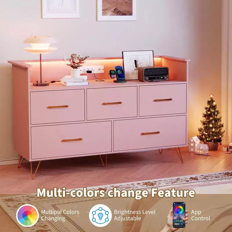 Commode à cinq tiroirs, 119 cm de large, avec station de charge, armoire de rangement autoportante, convient pour les armoires, les couloirs, les entrées