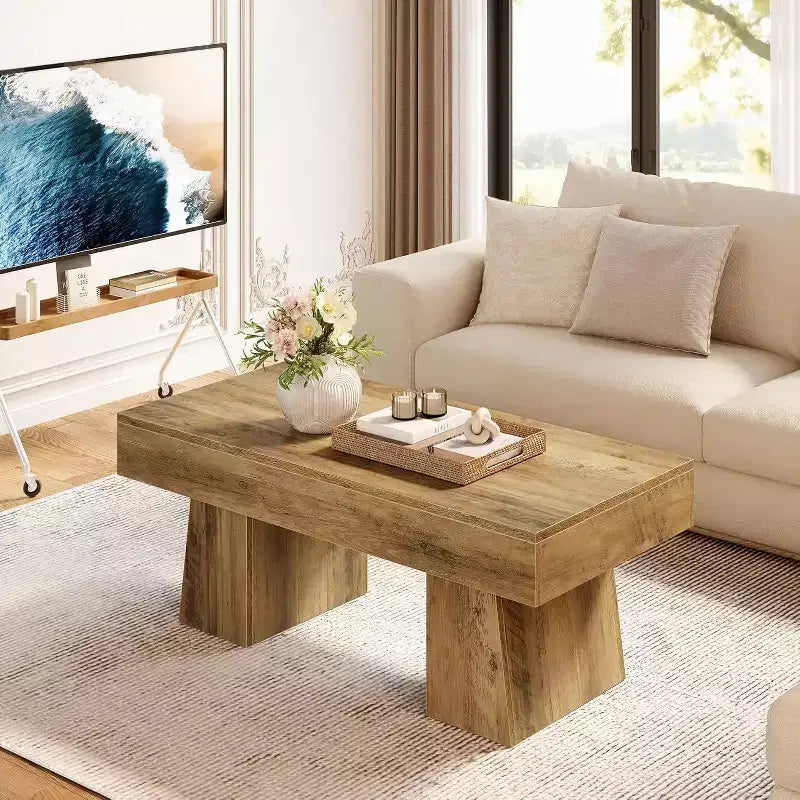 Table basse de ferme, table basse rectangulaire en bois de 120 cm avec base épaisse pour salon
