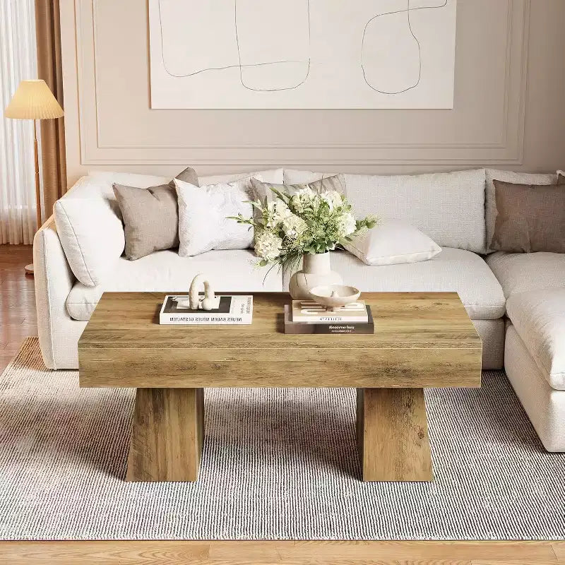 Table basse de ferme, table basse rectangulaire en bois de 120 cm avec base épaisse pour salon
