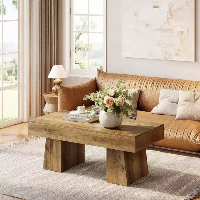 Table basse de ferme, table basse rectangulaire en bois de 120 cm avec base épaisse pour salon