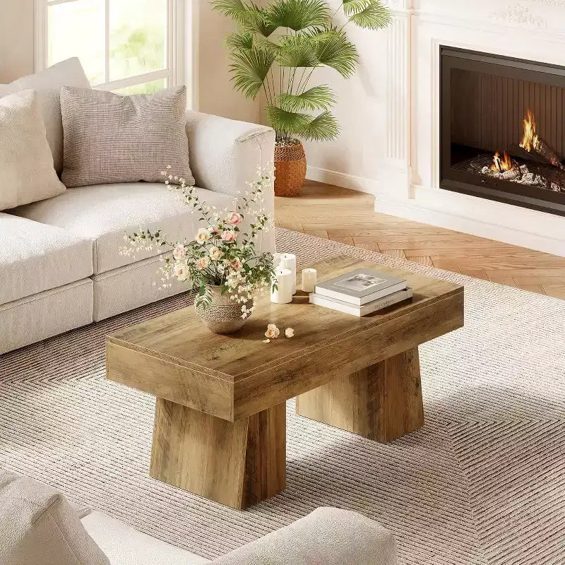 Table basse de ferme, table basse rectangulaire en bois de 120 cm avec base épaisse pour salon