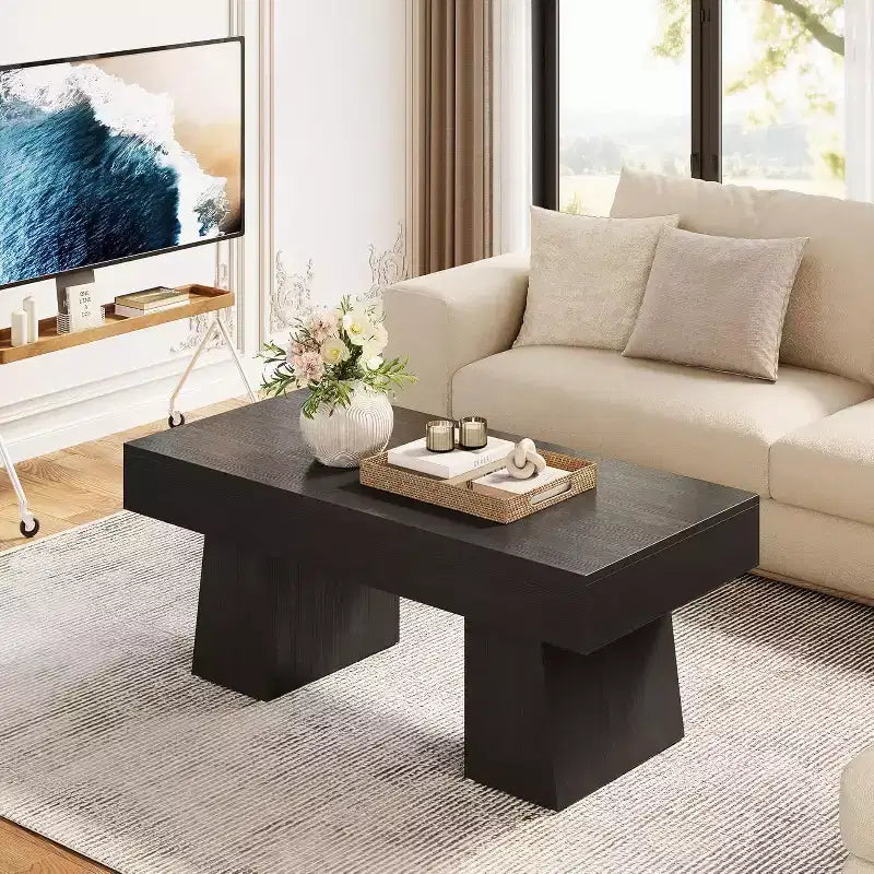 Table basse de ferme, table basse rectangulaire en bois de 120 cm avec base épaisse pour salon