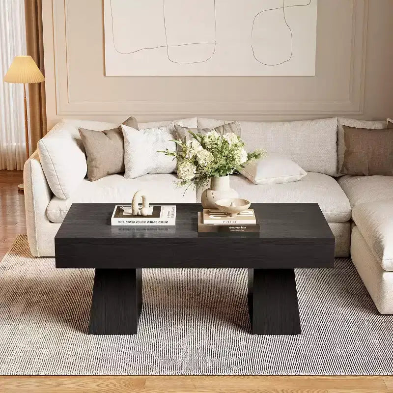 Table basse de ferme, table basse rectangulaire en bois de 120 cm avec base épaisse pour salon