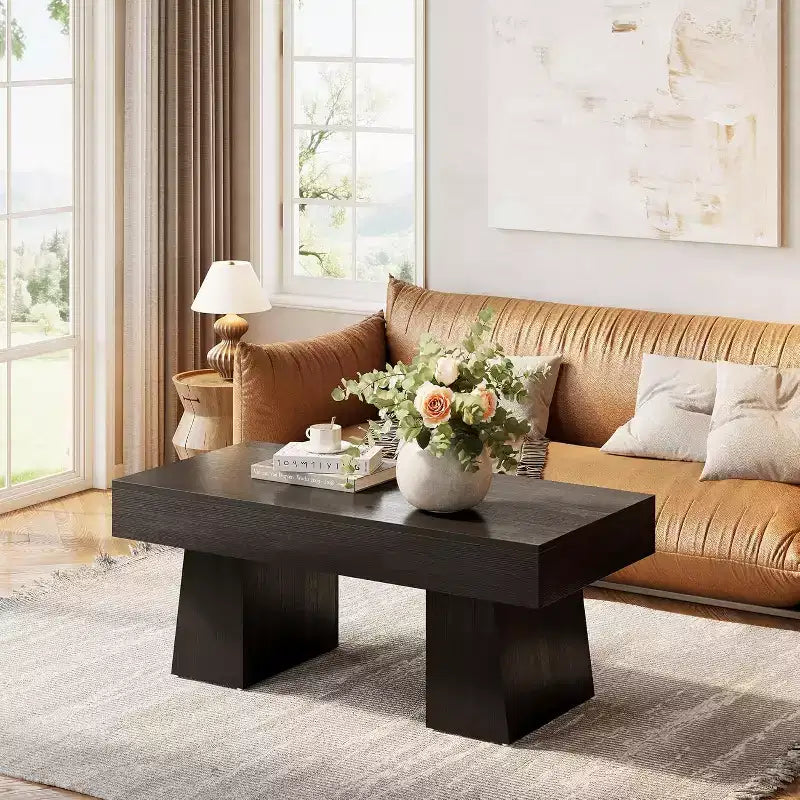 Table basse de ferme, table basse rectangulaire en bois de 120 cm avec base épaisse pour salon