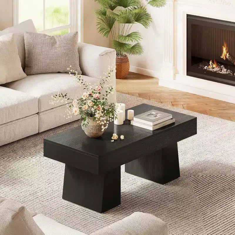 Table basse de ferme, table basse rectangulaire en bois de 120 cm avec base épaisse pour salon