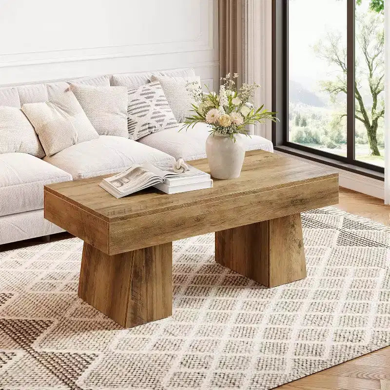 Table basse de ferme, table basse rectangulaire en bois de 120 cm avec base épaisse pour salon