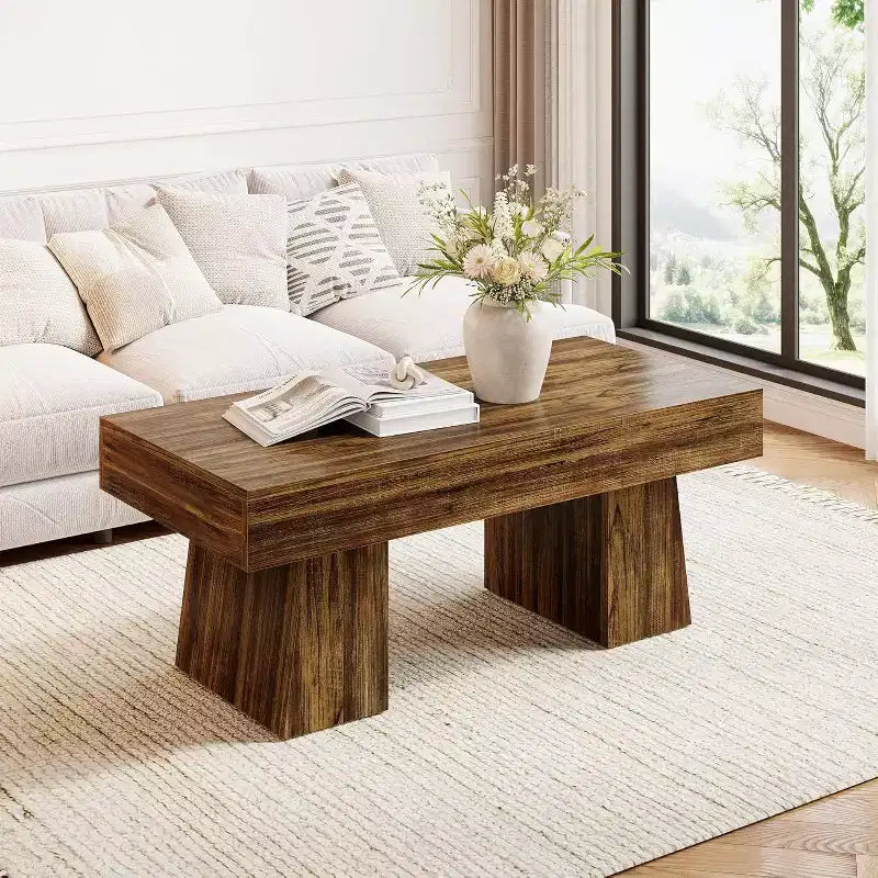 Table basse de ferme, table basse rectangulaire en bois de 120 cm avec base épaisse pour salon