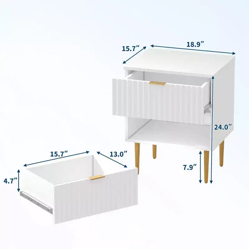 Table de chevet cannelée avec station de recharge et 2 tiroirs, table de chevet dorée et en bois avec ports USB et prises, pour chambre à coucher, appartement