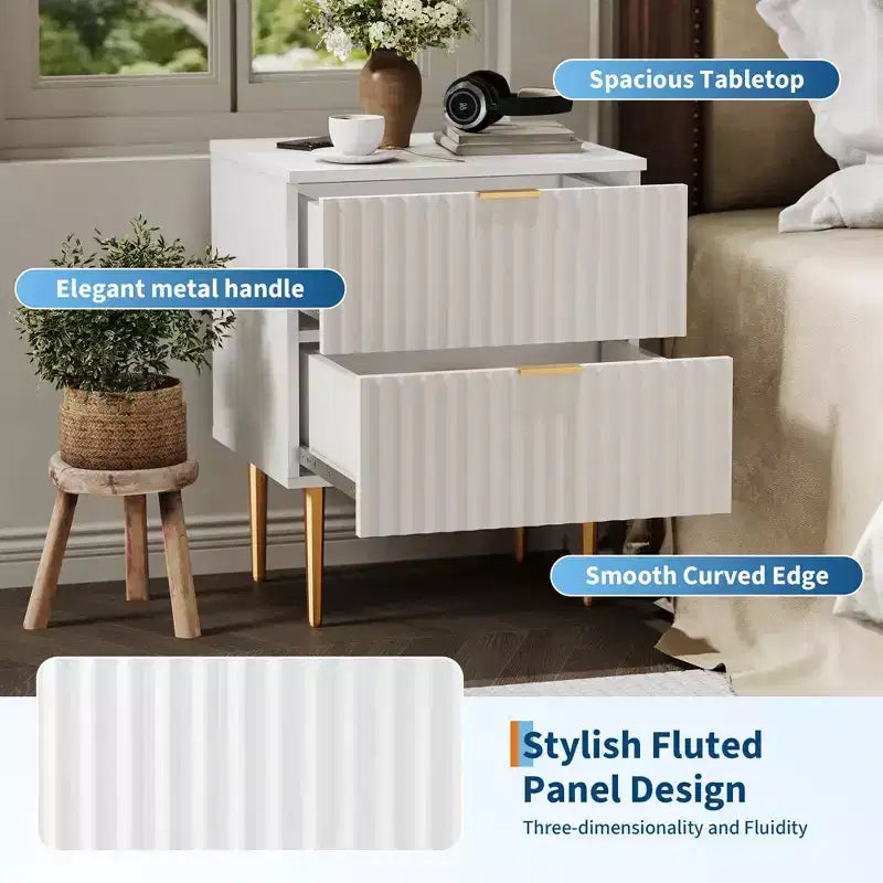 Table de chevet cannelée avec station de recharge et 2 tiroirs, table de chevet dorée et en bois avec ports USB et prises, pour chambre à coucher, appartement