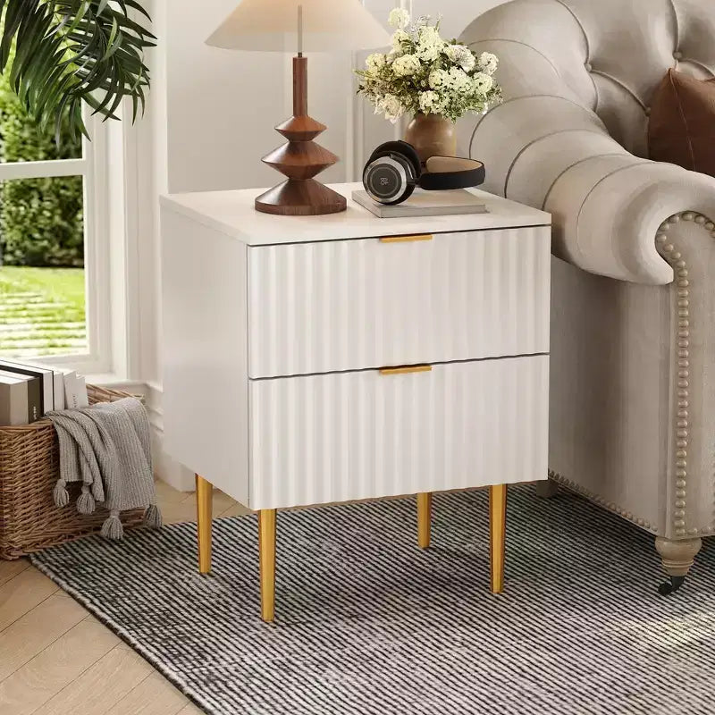 Table de chevet cannelée avec station de recharge et 2 tiroirs, table de chevet dorée et en bois avec ports USB et prises, pour chambre à coucher, appartement