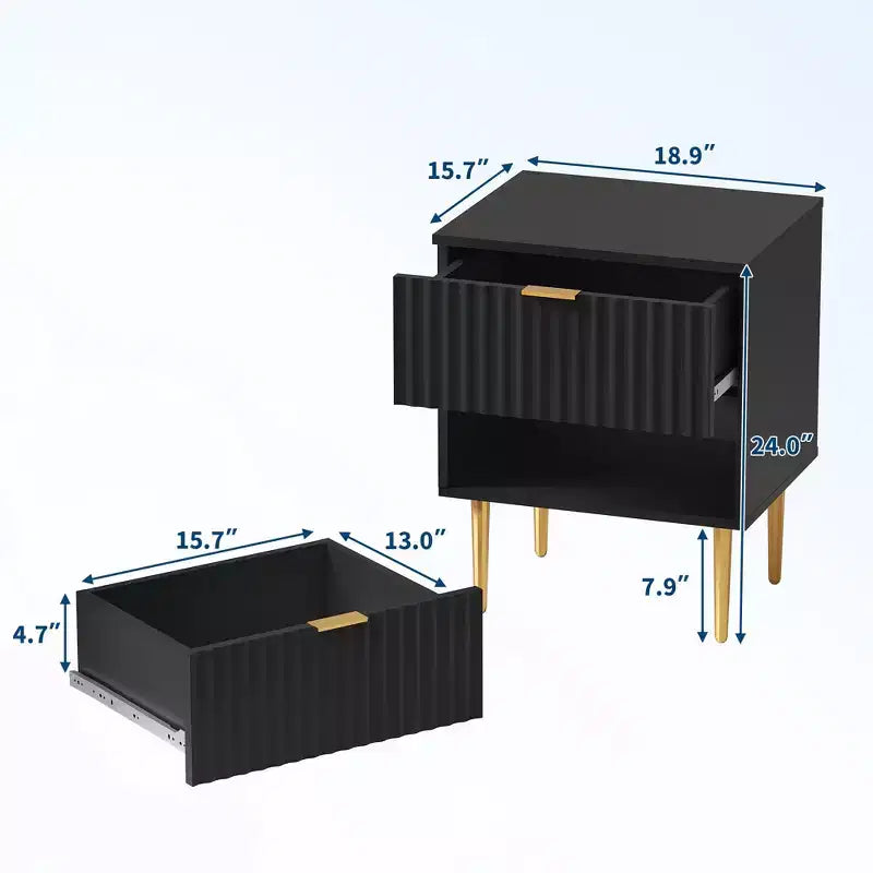 Table de chevet cannelée avec station de recharge et 2 tiroirs, table de chevet dorée et en bois avec ports USB et prises, pour chambre à coucher, appartement