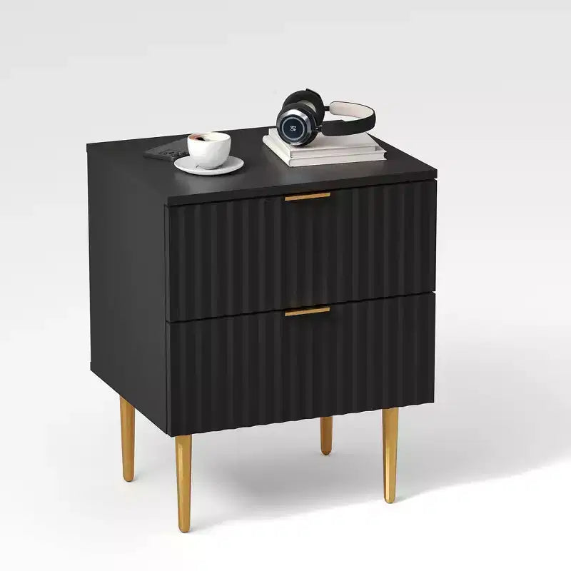 Table de chevet cannelée avec station de recharge et 2 tiroirs, table de chevet dorée et en bois avec ports USB et prises, pour chambre à coucher, appartement