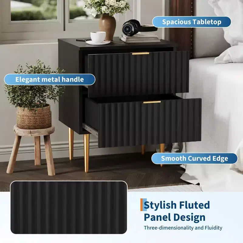 Table de chevet cannelée avec station de recharge et 2 tiroirs, table de chevet dorée et en bois avec ports USB et prises, pour chambre à coucher, appartement