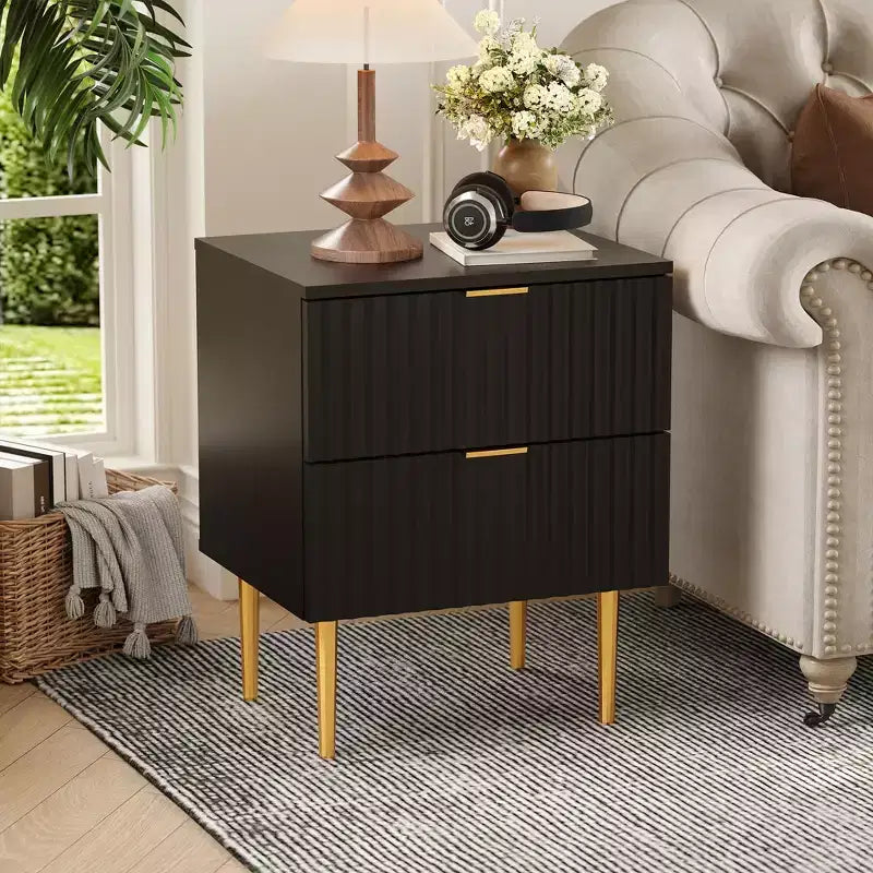 Table de chevet cannelée avec station de recharge et 2 tiroirs, table de chevet dorée et en bois avec ports USB et prises, pour chambre à coucher, appartement