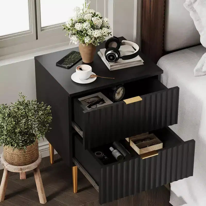 Table de chevet cannelée avec station de recharge et 2 tiroirs, table de chevet dorée et en bois avec ports USB et prises, pour chambre à coucher, appartement