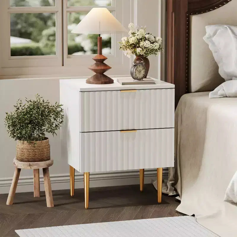 Table de chevet cannelée avec station de recharge et 2 tiroirs, table de chevet dorée et en bois avec ports USB et prises, pour chambre à coucher, appartement